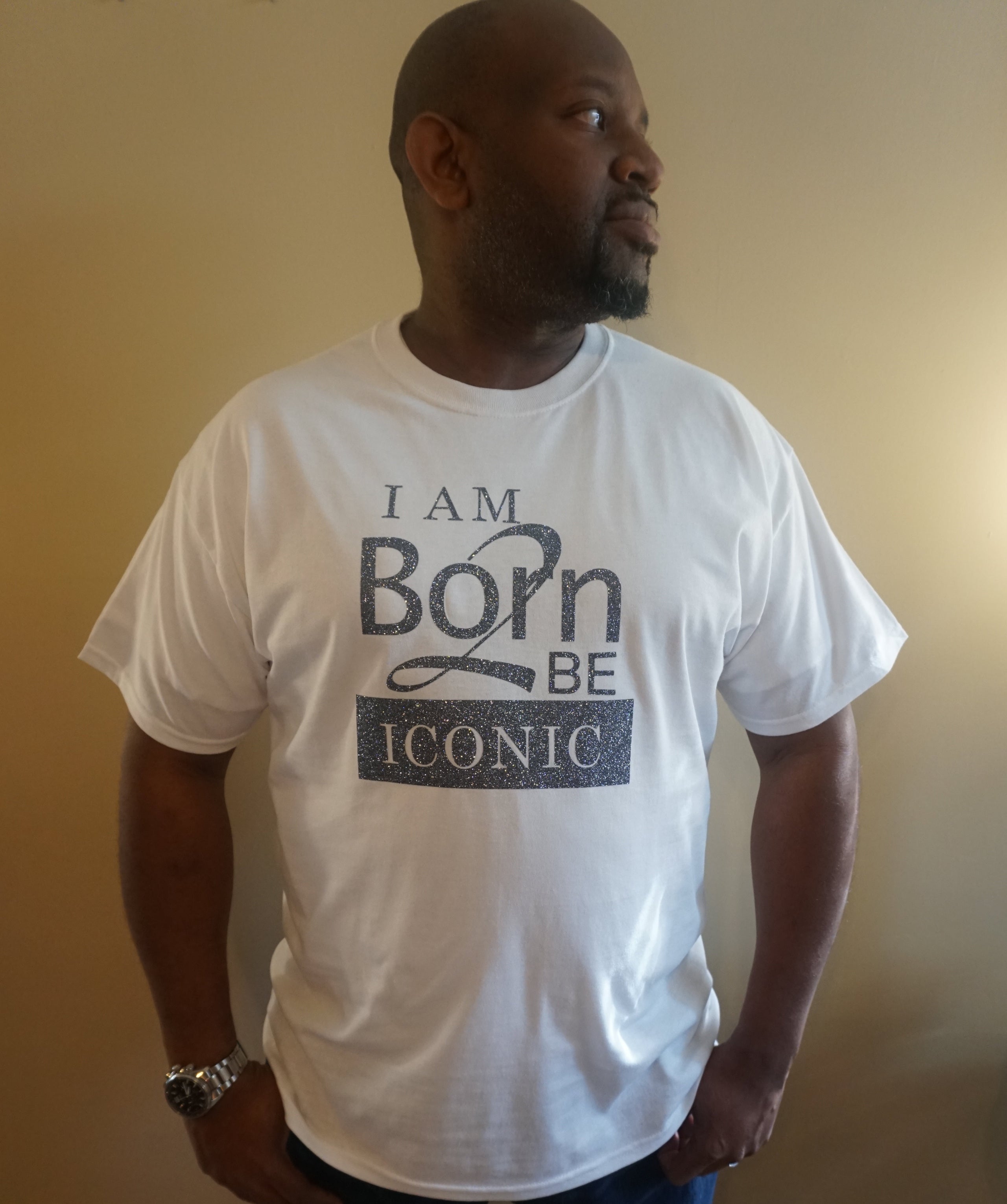 Born 2 Be ICONIC White T-Shirt (dark silver bling) | Born 2 Be